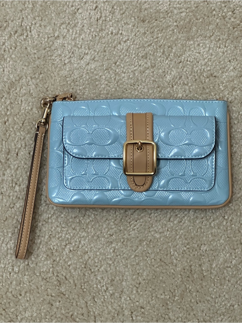 Coach Light Blue Patent Leather Wristlet with Tan Trim New W/O tags.
